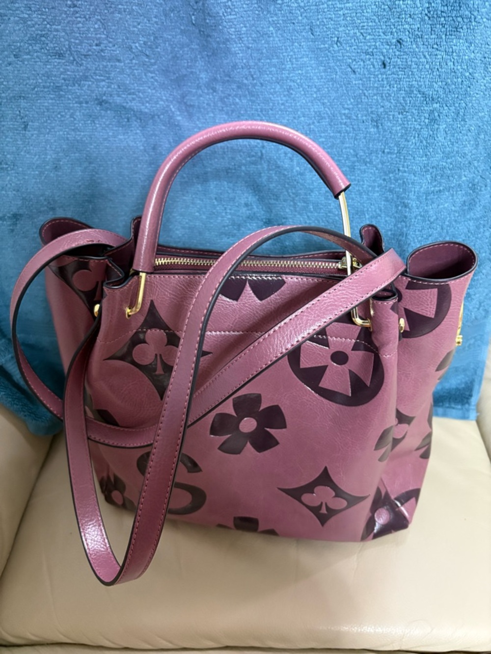 Designer-Style Plum Patterned Tote Bag with Top Handles